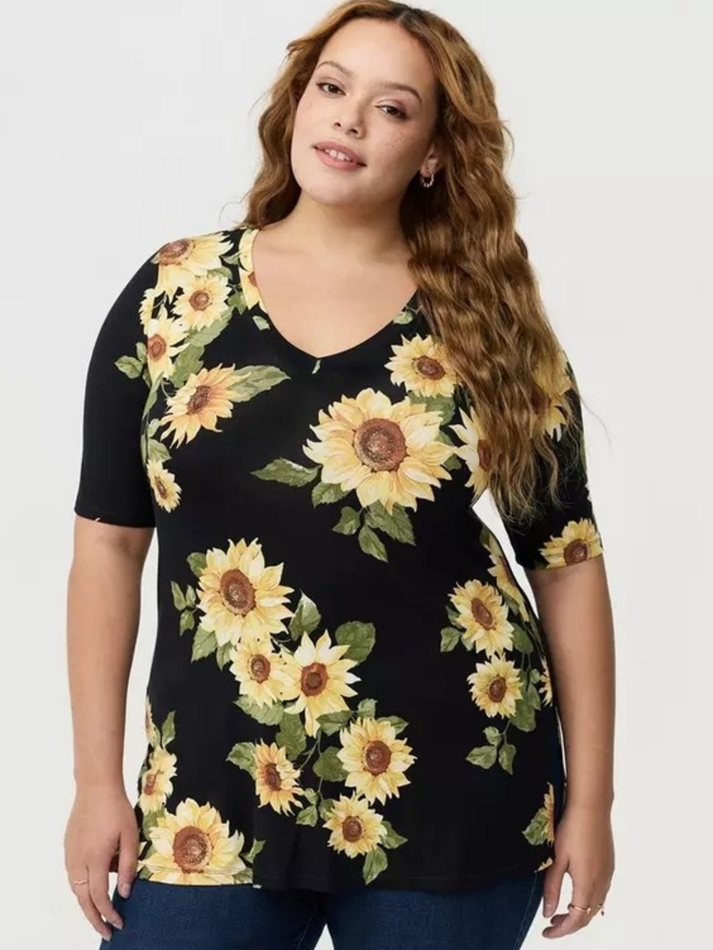Torrid Tunic Sunflower V-Neck Super Soft Tee - Black & Yellow